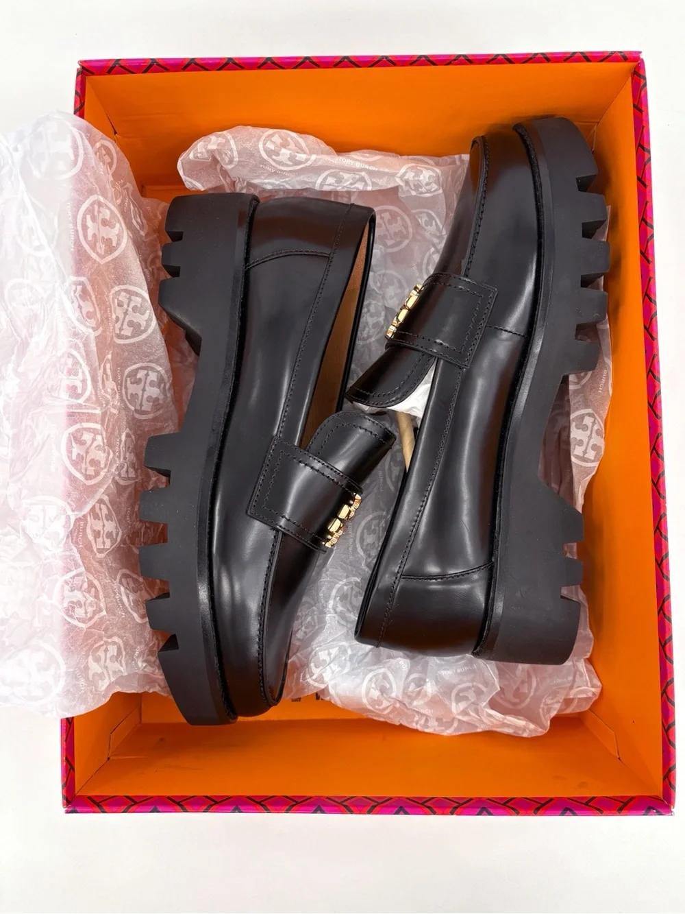 TORY BURCH Mini Everly Chunky Loafer Black Patent Leather Lug Sole 8.5